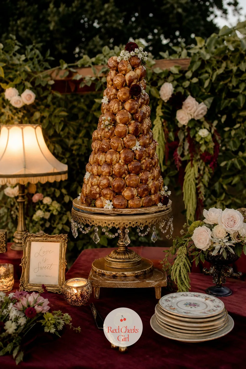 Croquembouche Tower on a Vintage Cake Stand — A flat sheet cake sitting alone on a table reads as an afterthought no matter how good it tastes. Wedding decor
