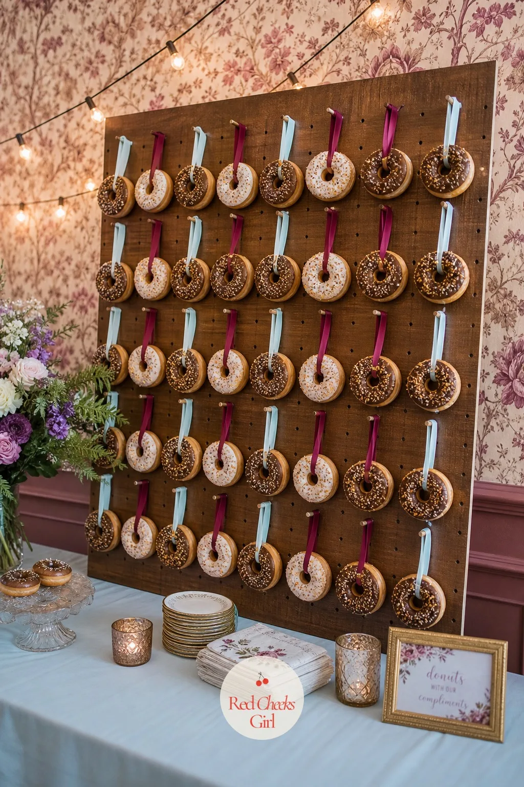 Doughnut Wall in Plum and Powder Blue — A dessert table that only has a cake on it can feel a little static once guests have taken their photos of it. Wedding