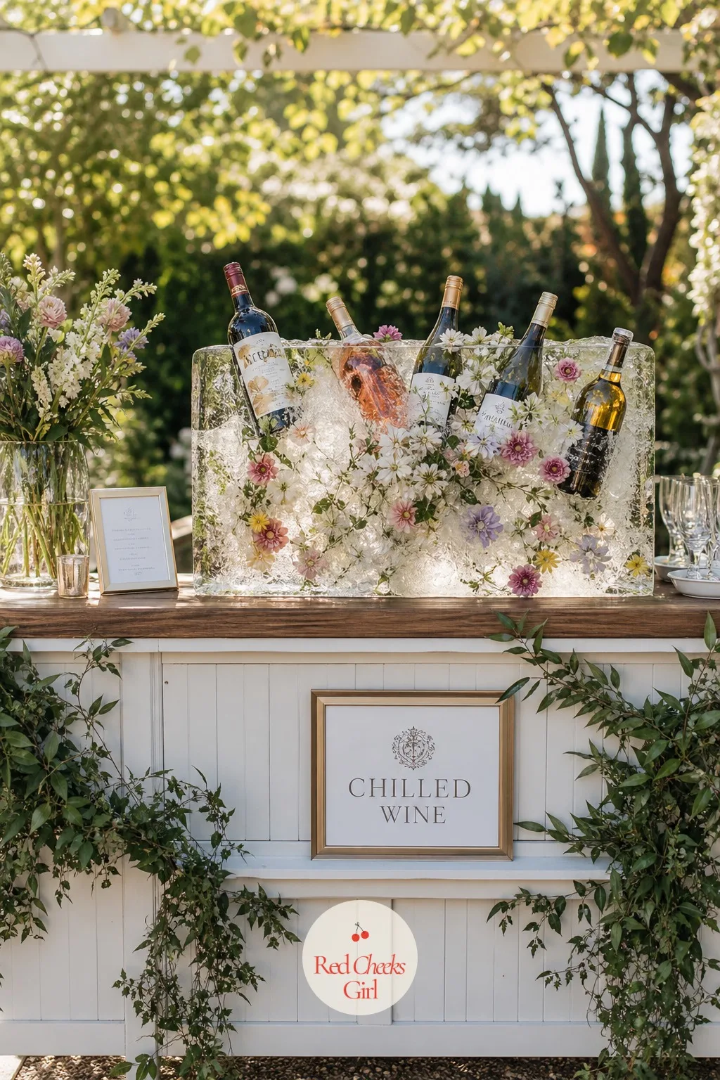Frozen Flower Ice Bucket Station — A plain metal ice bucket does the job and nothing more, sitting there purely functional while everything else on the bar