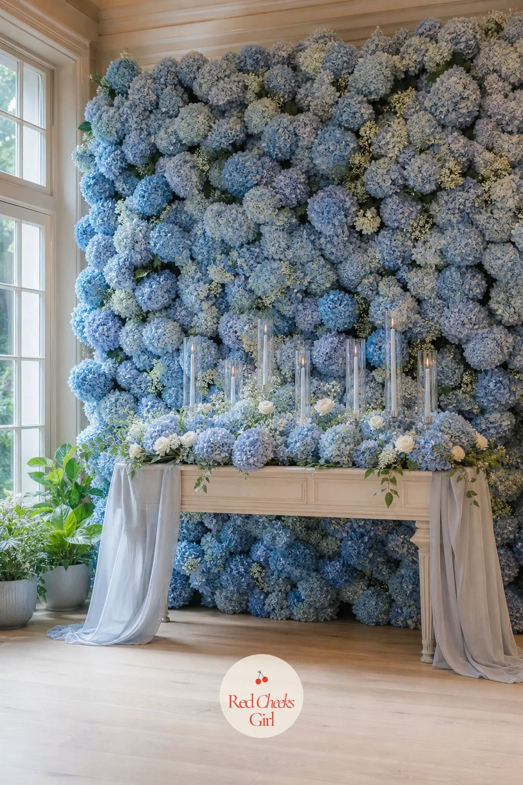 Hydrangea Wall Backdrop — A flower wall can tip straight into prom-photo-booth territory the moment it mixes six kinds of bloom. Wedding decor ideas