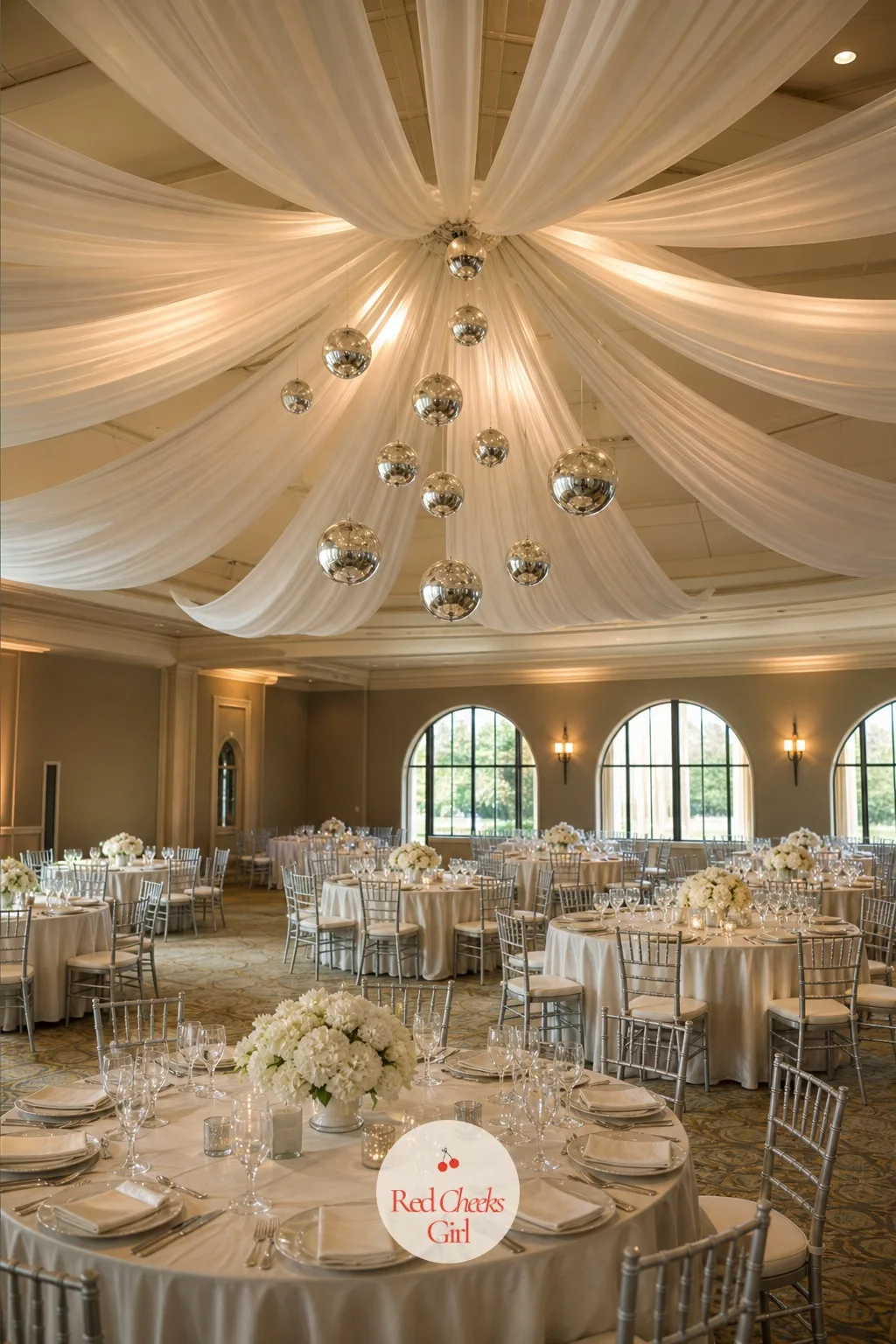 Ivory Drapery with Chrome Spheres — A flat ceiling, especially in a rented hall or hotel ballroom, gives nothing back visually no matter how good the tables