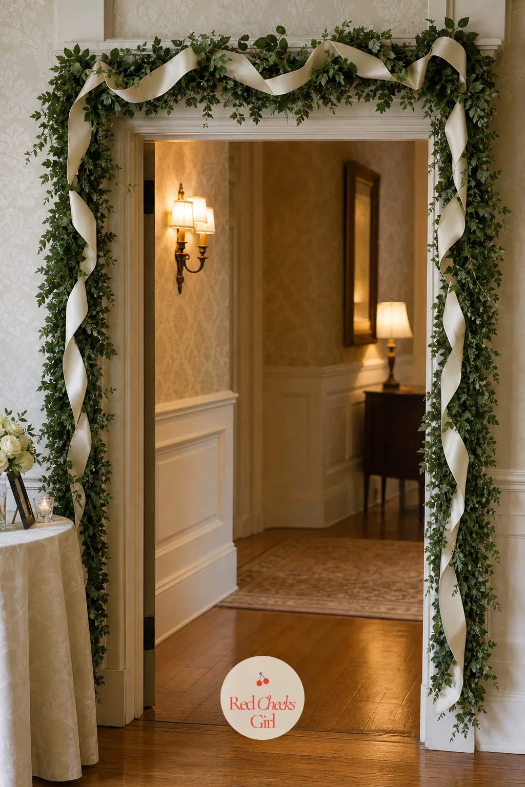 Ivory Ribbon and Greenery Entrance Arbor — A doorway with nothing on it just marks where the room starts, without actually announcing anything. Wedding decor