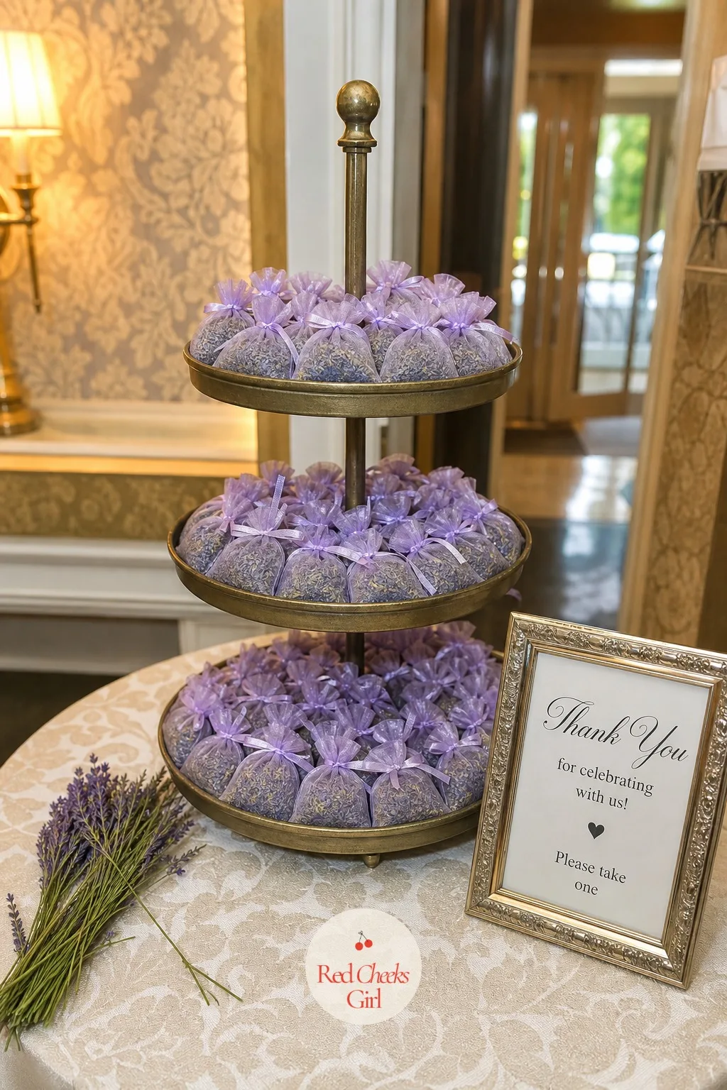 Lavender Sachets on a Tiered Stand — A basket of identical branded trinkets by the door rarely survives past the car ride home. Wedding decor ideas