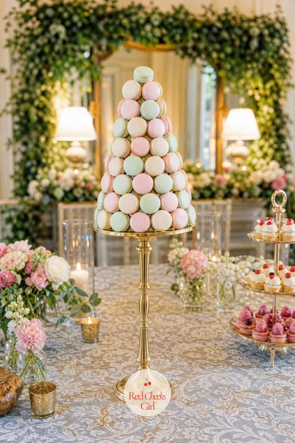 Macaron Tower with Gold Stands — Individually boxed favors are nice, but a dessert table benefits from one tall, obviously photographable centerpiece of its