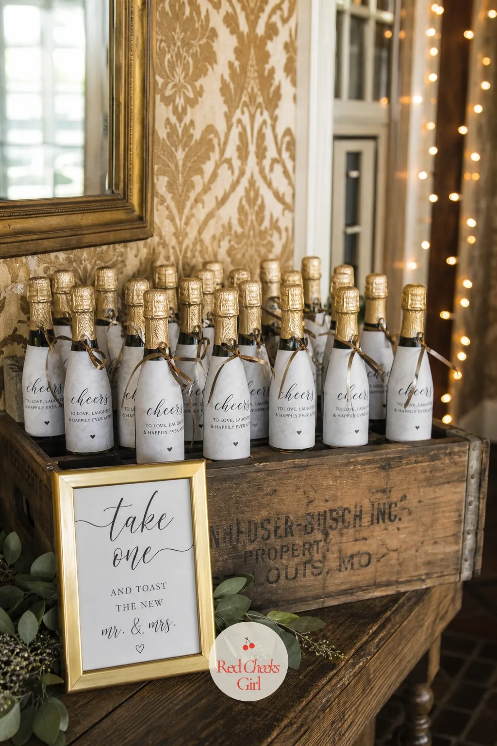 Mini Champagne Bottles in a Vintage Crate — A favor table stacked with identical small boxes blurs together by the time guests reach the door at the end of the