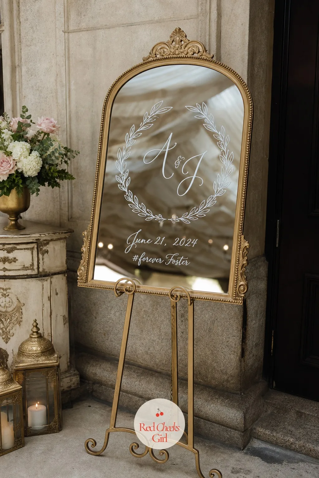 Monogram Mirror Welcome Sign — The first thing a guest sees, before the room, before the seating chart, before anything else, sets expectations for the entire
