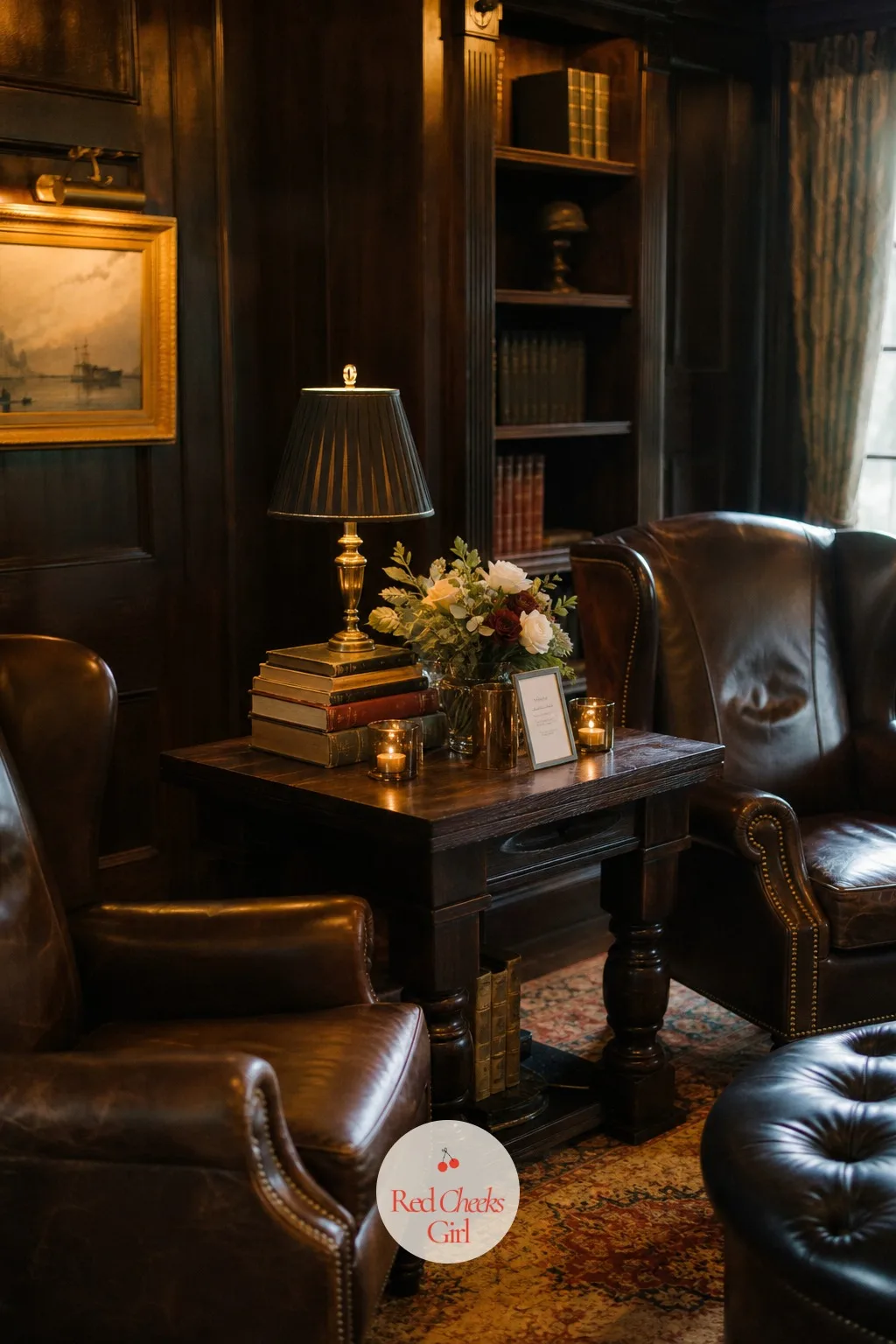 Moody Library Lounge with Leather Chairs — Some couples want one corner of the reception that feels nothing like a wedding and everything like someone's actual