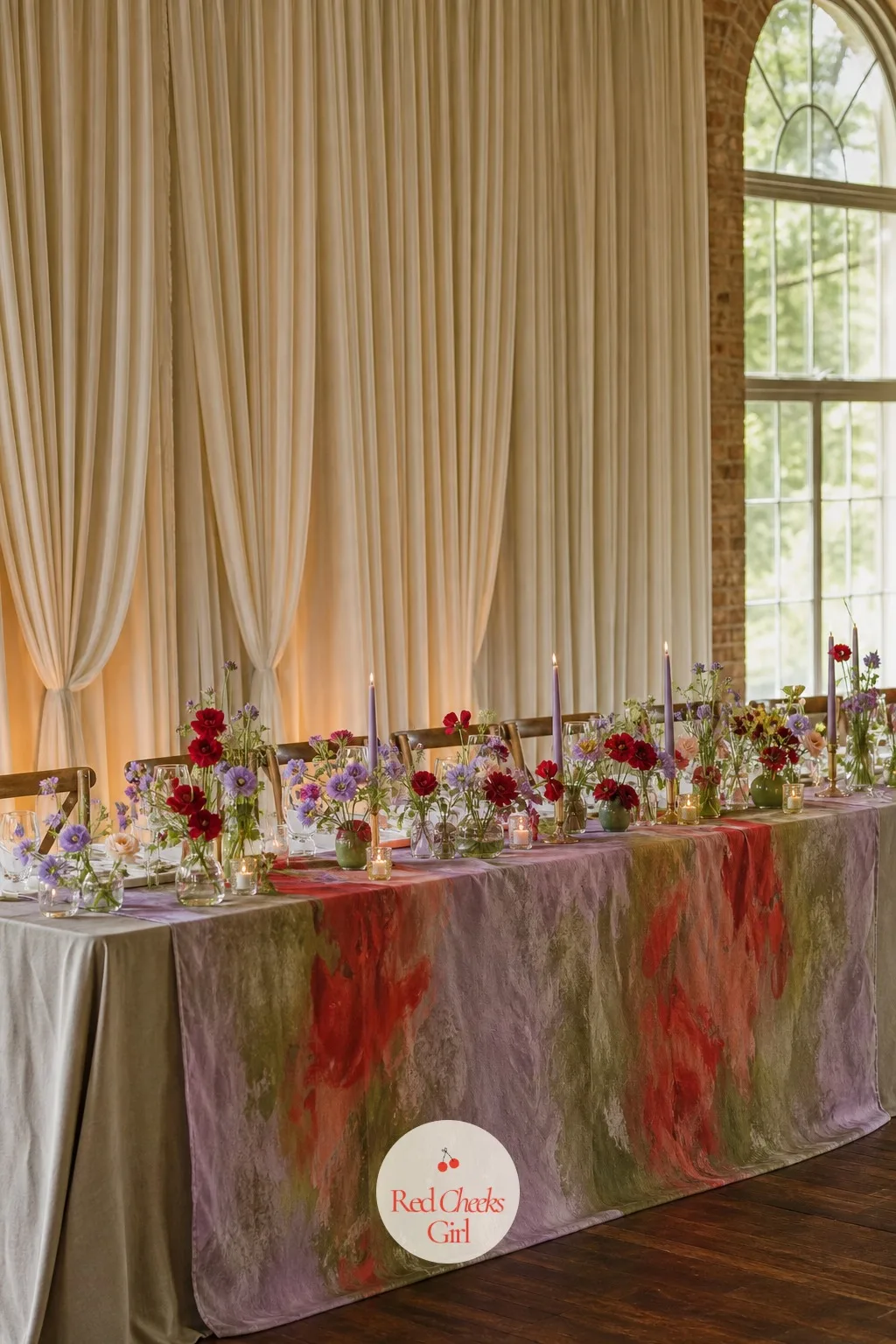 Painterly Olive, Lavender and Chili Red Head Table Runway — A head table dressed only in white can disappear into the rest of the room instead of standing out