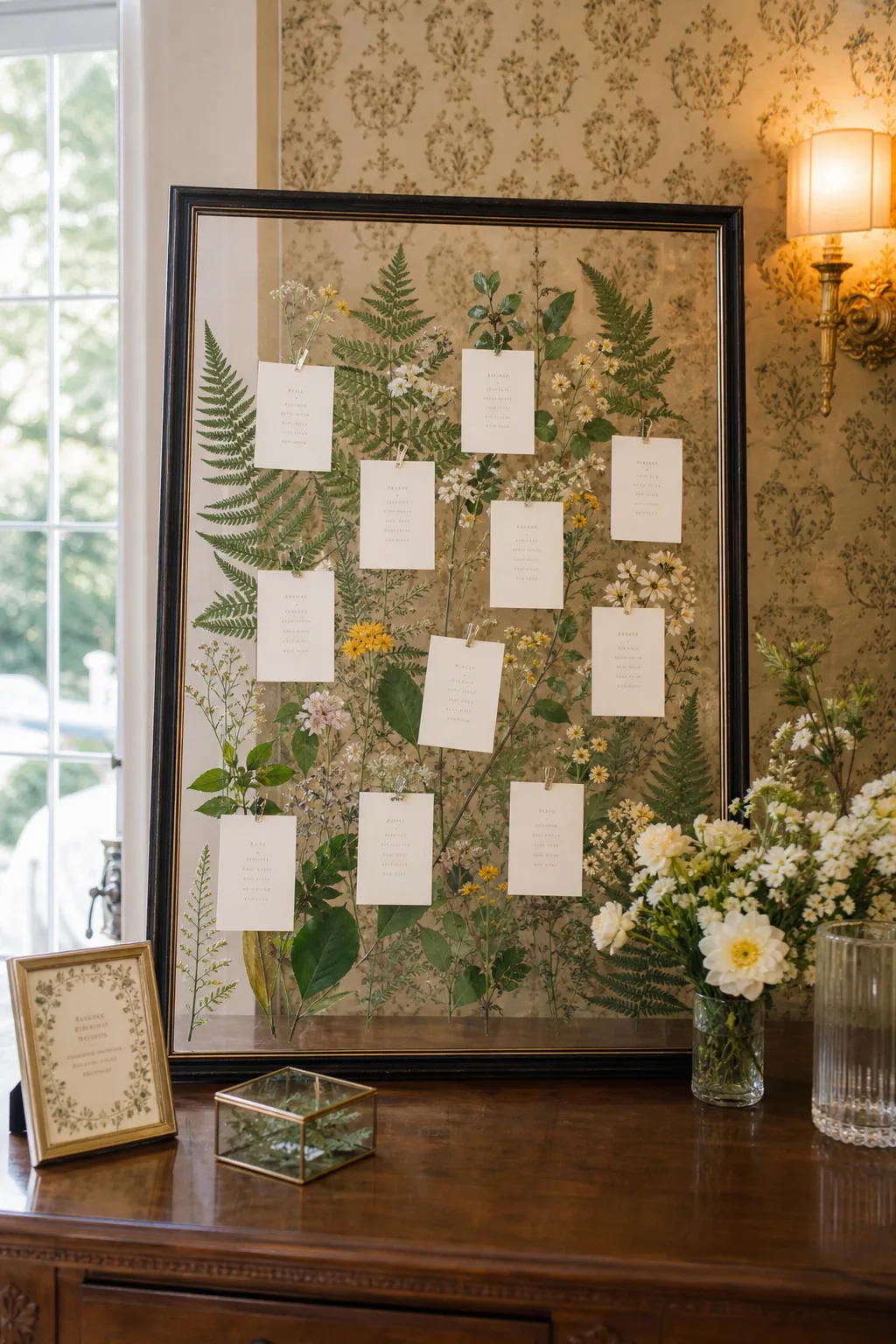 Pressed Botanical Escort Card Wall — A table of alphabetized cards laid flat does the job, but it rarely gets a second look once a guest finds their own name.
