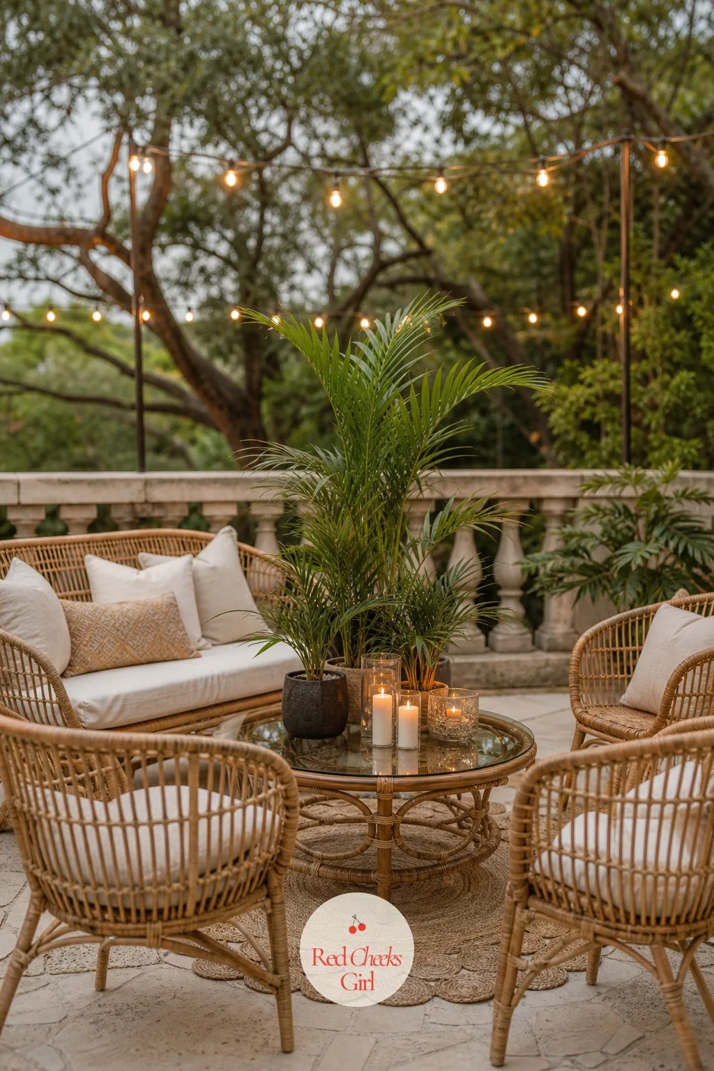Rattan and Botanical Lounge Corner — A lounge area indoors can feel out of place at an outdoor wedding, too formal for grass and string lights. Wedding decor