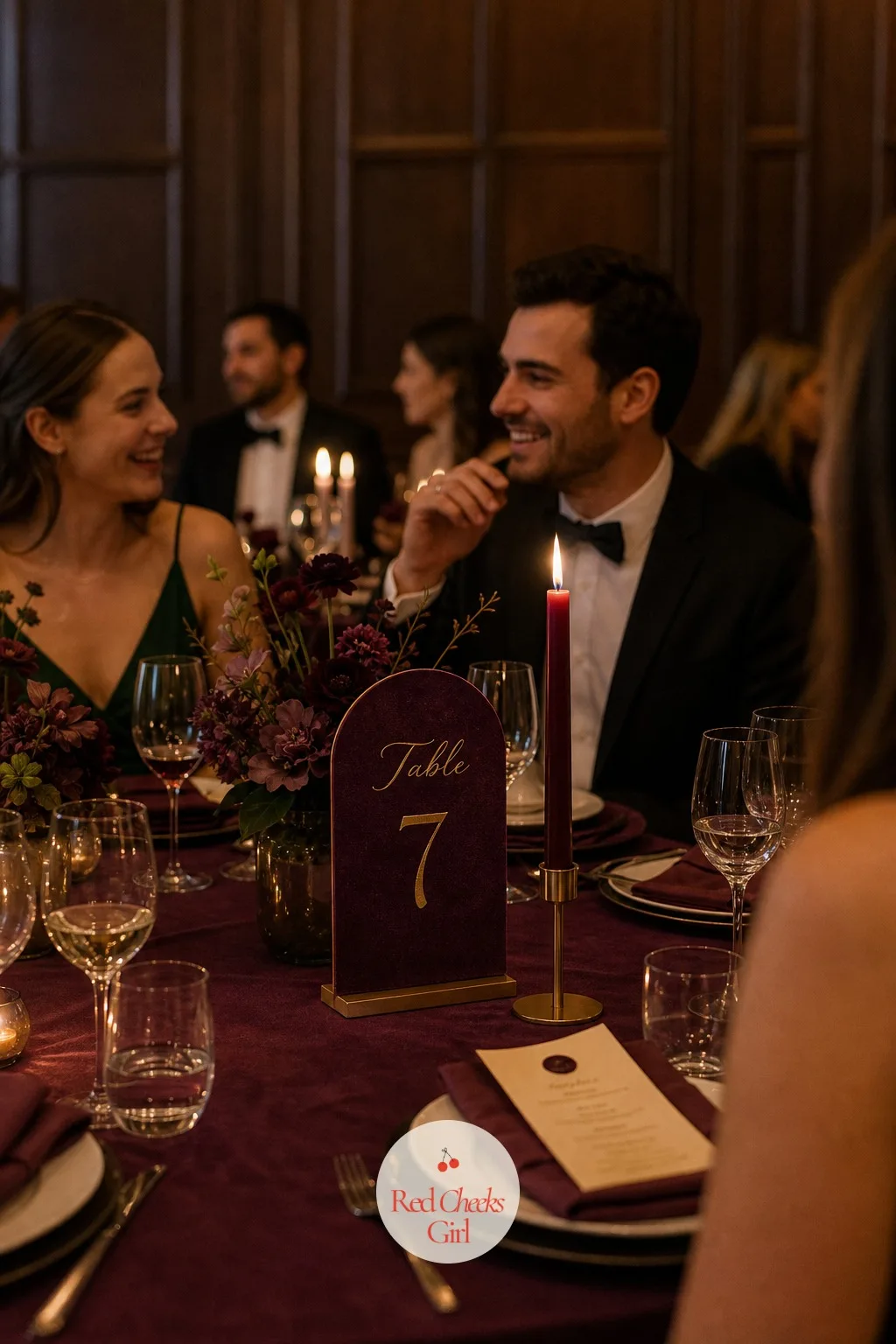 Velvet Table Number Stands with Candlelight — A printed table number propped against a water glass tends to disappear the second the glass gets picked up.