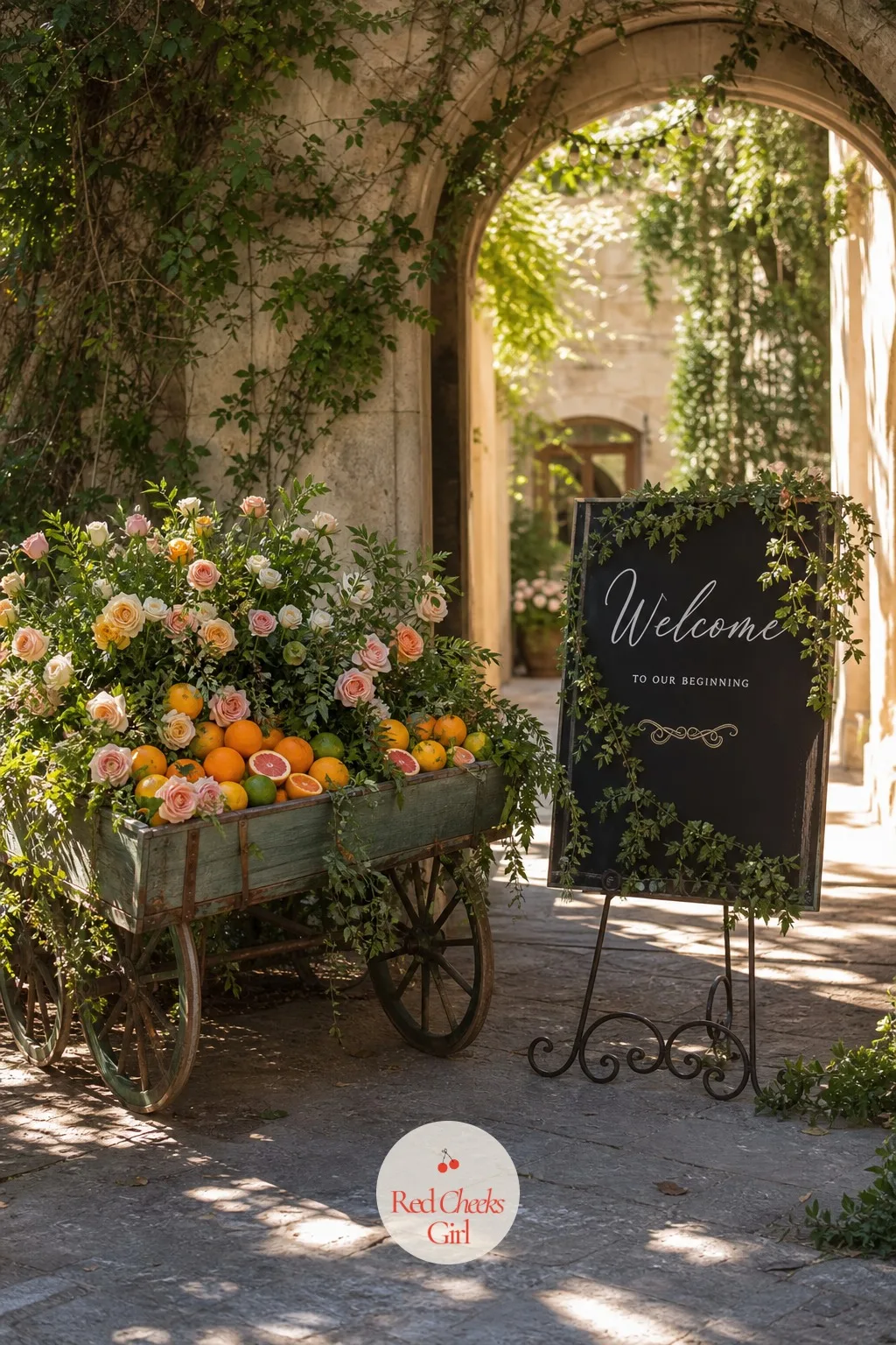Vintage Cart Entrance Display — An entrance table set up in five minutes with a sign-in book and nothing else does not tell a guest anything about what kind of