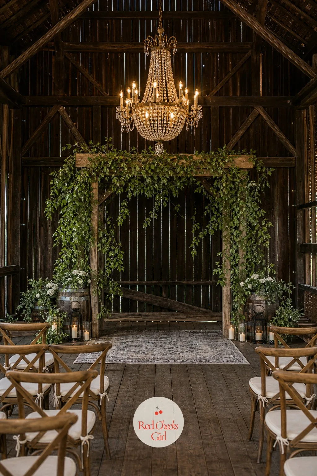 Vintage Crystal Chandelier Ceremony Backdrop — An empty indoor altar, especially under house lighting, reads cold no matter how nice the flowers at the edges