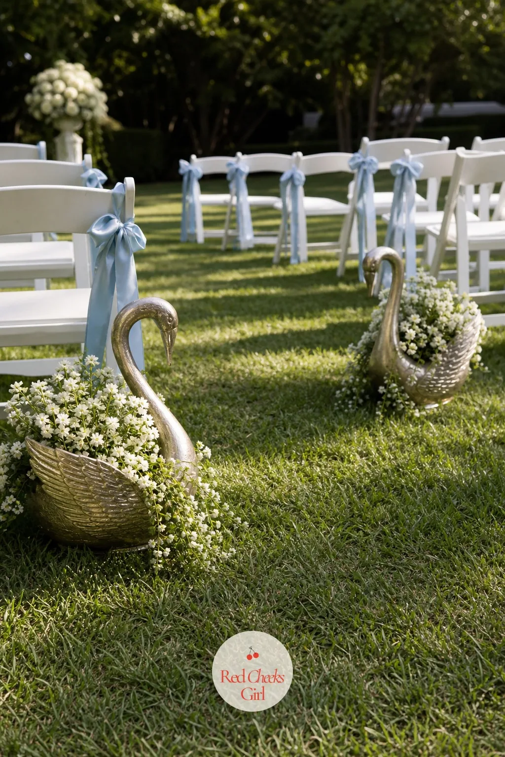 Vintage Swans with Loose Ribbon Bows — The walk down the aisle is over in half a minute, so whatever flanks the start of it has to register instantly rather