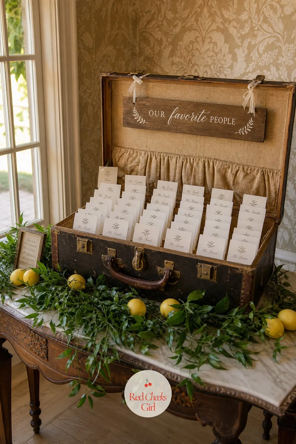 Vintage Trunk Escort Card Display — A folding table draped in a plain cloth works for escort cards, but it also looks like exactly what it is, a folding table