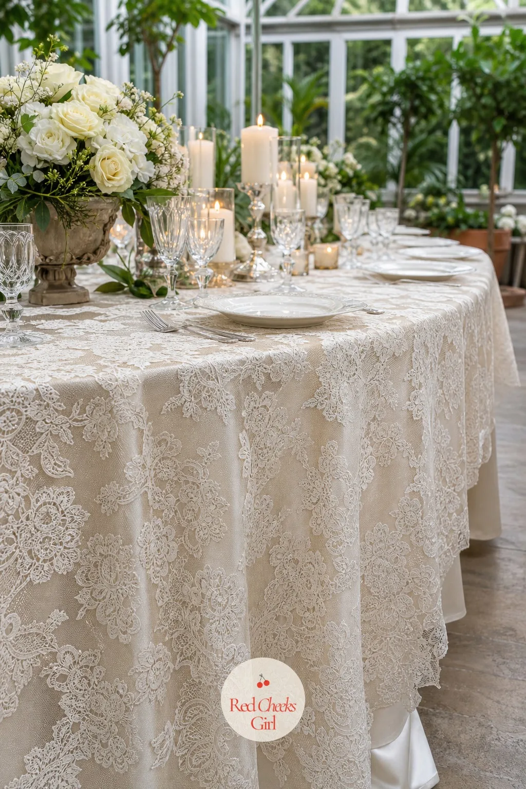 Antique Lace Overlay — For the couple who wants heirloom over trend, an antique lace overlay does the work a hundred candles cannot. Wedding dinner table