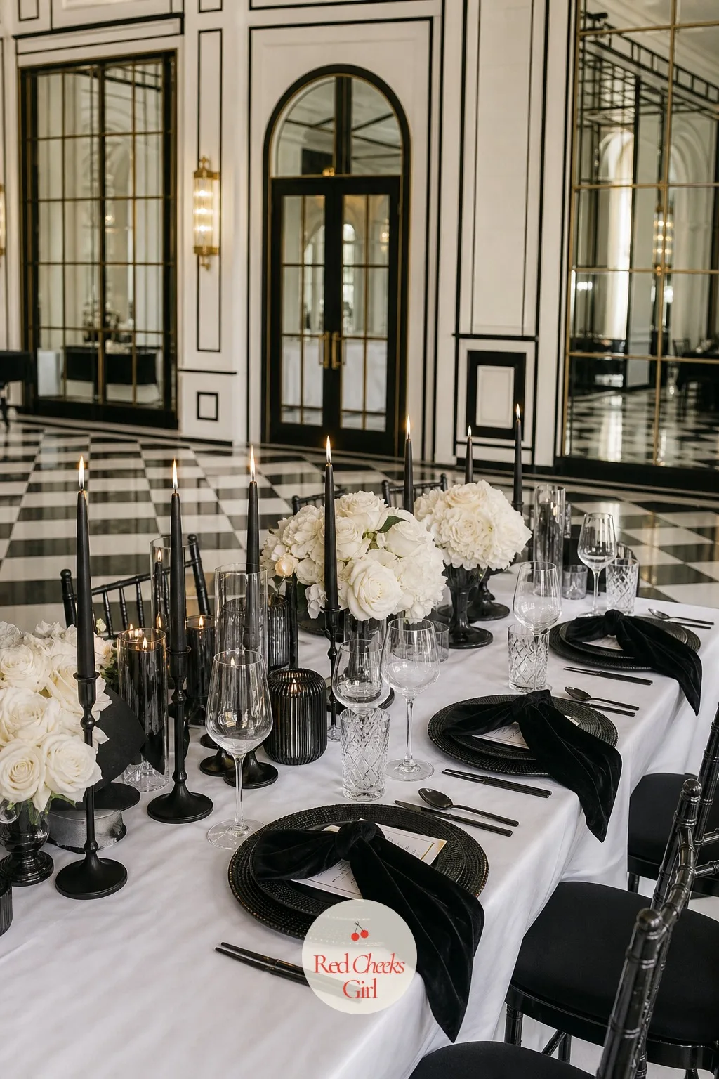 Black and White Table Setting with Velvet Ribbons — No colour at all, just contrast, and a table set this way looks more like a film still than a reception.