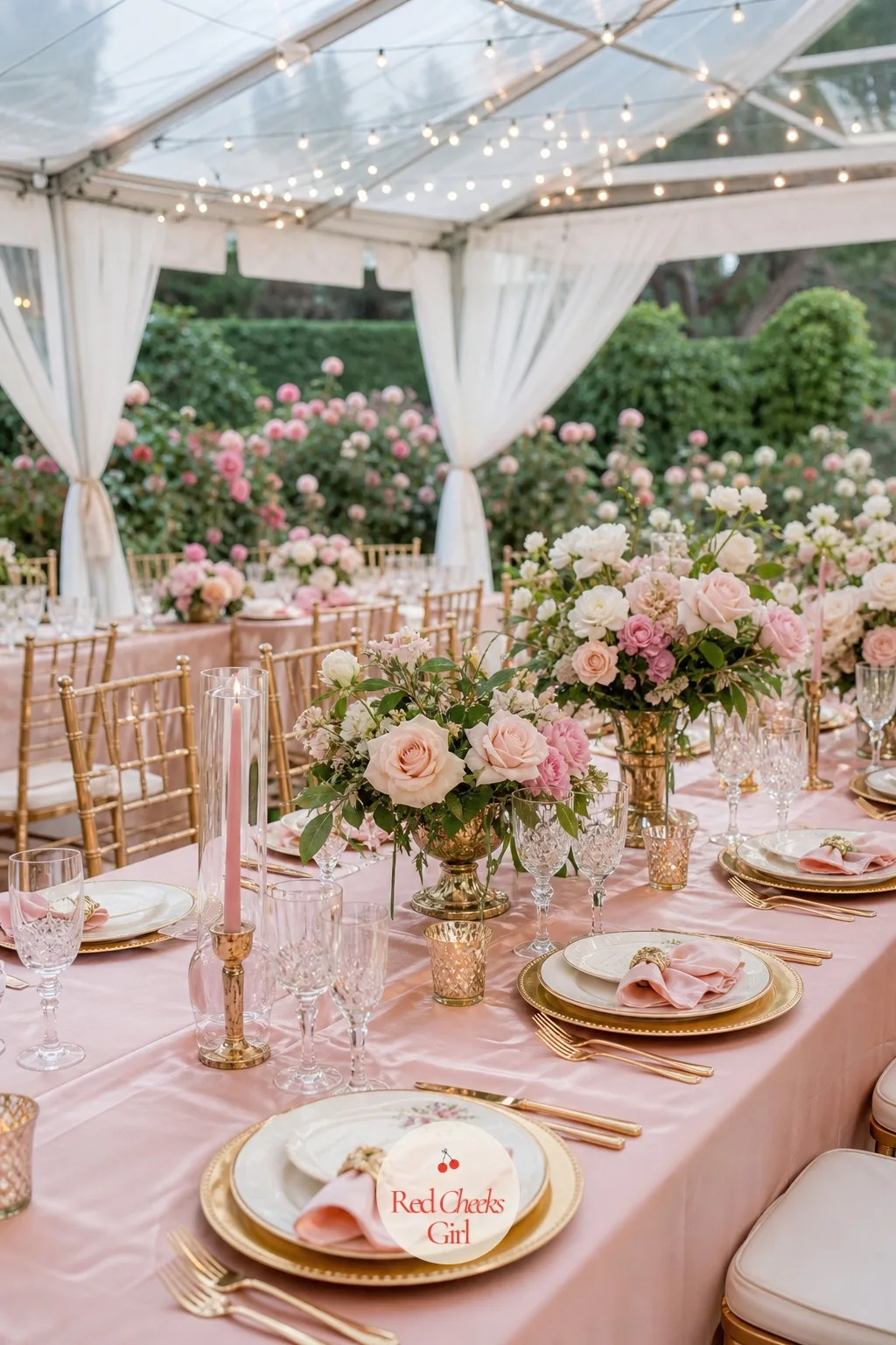 Blush and Gold Garden Table Setting — The last look of the day, and the softest: blush and gold under a marquee with roses pressing in from every side. Wedding