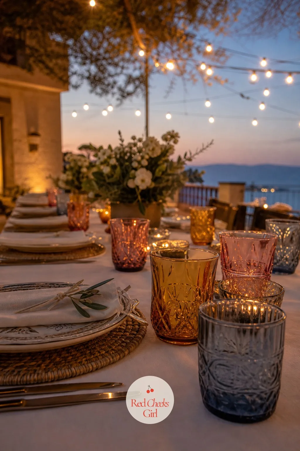 Colored Glassware — A table set entirely in white can look a little flat under restaurant lighting. Wedding dinner table setting