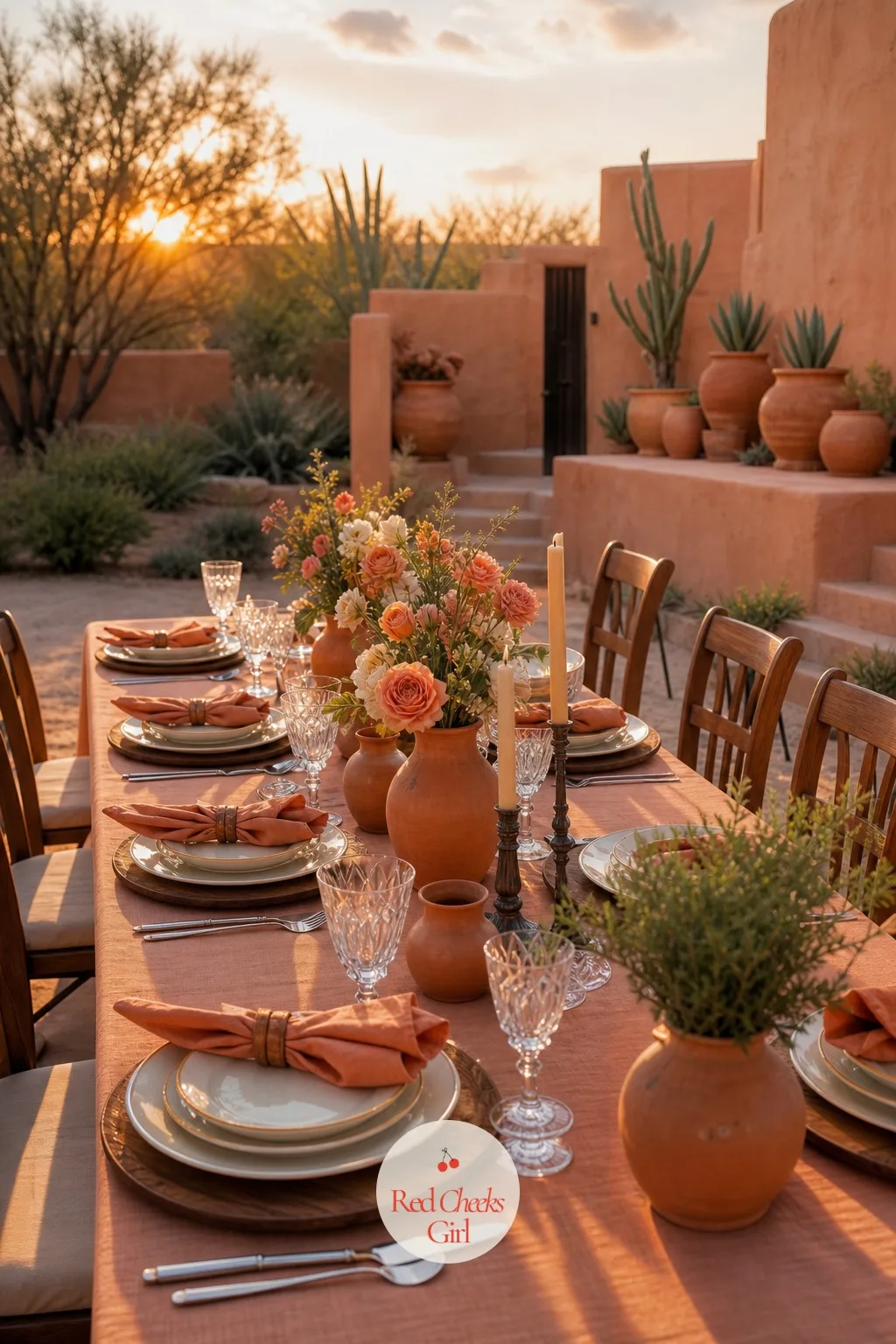 Desert Clay and Peach Table Setting — A desert venue does not need an imported palette, it already has one: baked clay walls and a sky that turns peach at