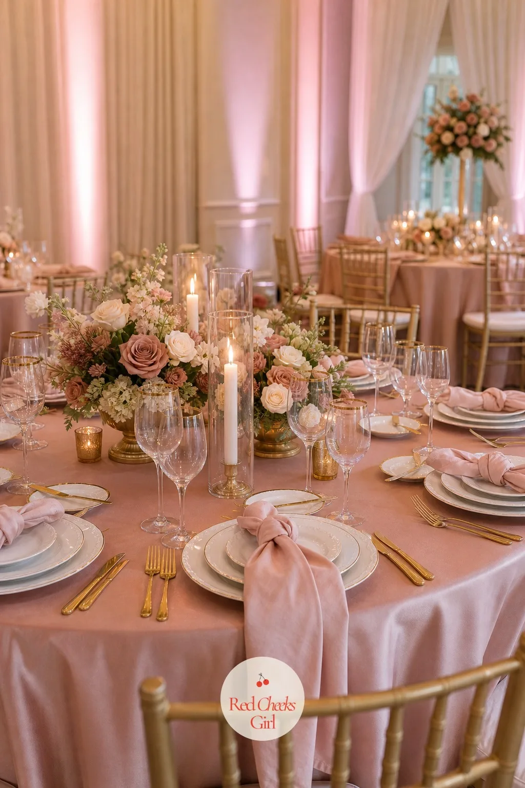 Dusty Rose Table Setting — Dusty rose is softer than blush and warmer than grey, the colour that photographs well under almost any light a reception throws at