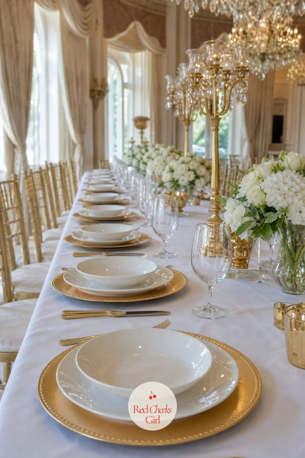 Gold Chargers with White China — A plain white dinner plate can look like an afterthought. Wedding dinner table setting