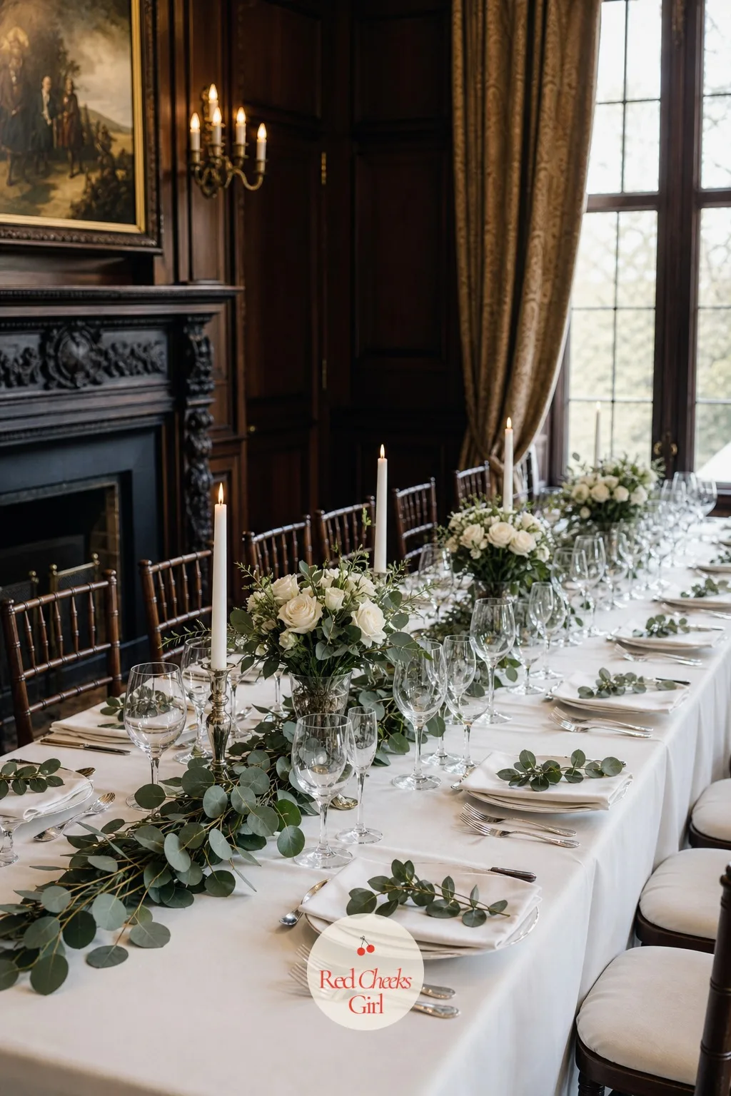 Ivory and Eucalyptus Table Setting — For the couple who still wants greenery on the table but nowhere near a full floral budget, a scattering of eucalyptus