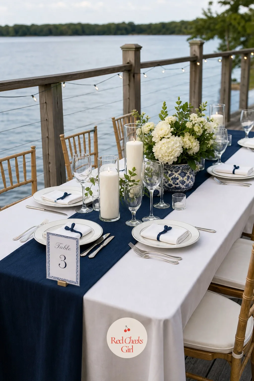 Lakeside Navy and White Table Setting — A lake venue already has its own blue right there past the dock, so the table only needs to echo it, not compete with
