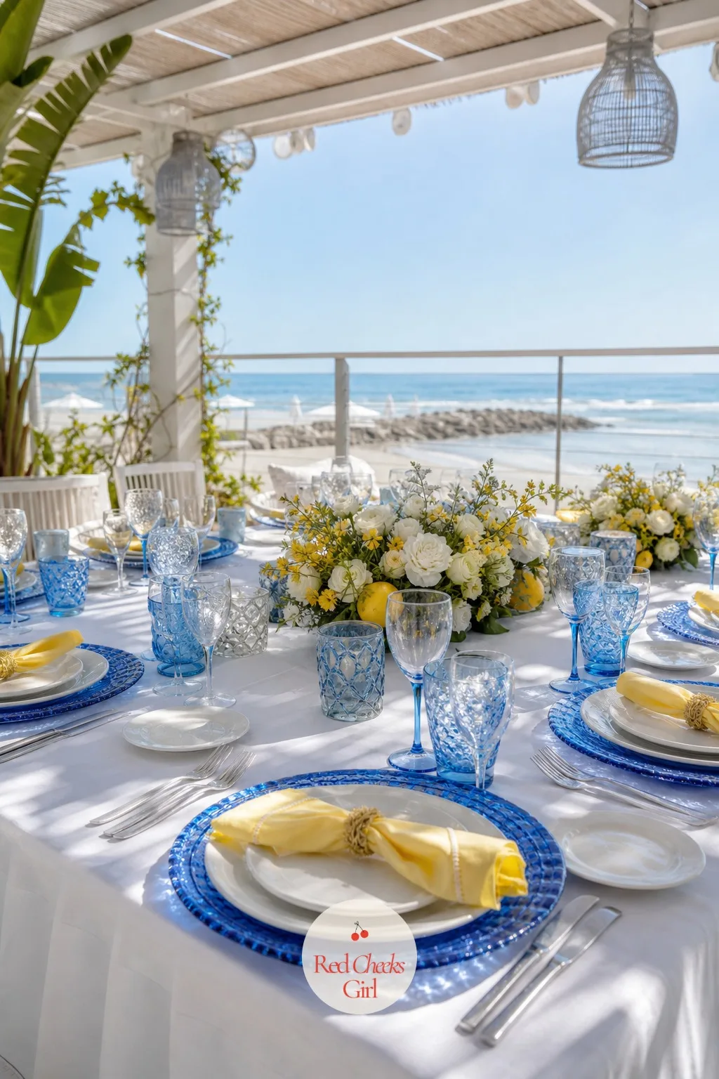 Lemon and Blue Table Setting for a Beach Club — A beach club reception can tip into tired nautical stripes fast. Wedding dinner table setting