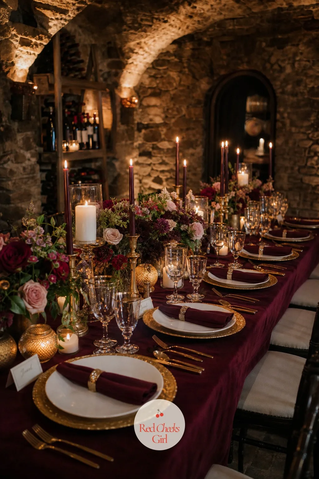 Moody Merlot Table Setting — A dark red table does not try to be pretty, it tries to be dramatic, and under candlelight it wins every time. Wedding dinner