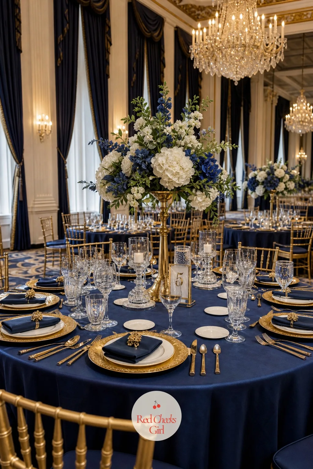 Navy and Gold Table Setting for a Grand Ballroom — Navy against gold is the combination that photographs as money without anyone having to say the word out
