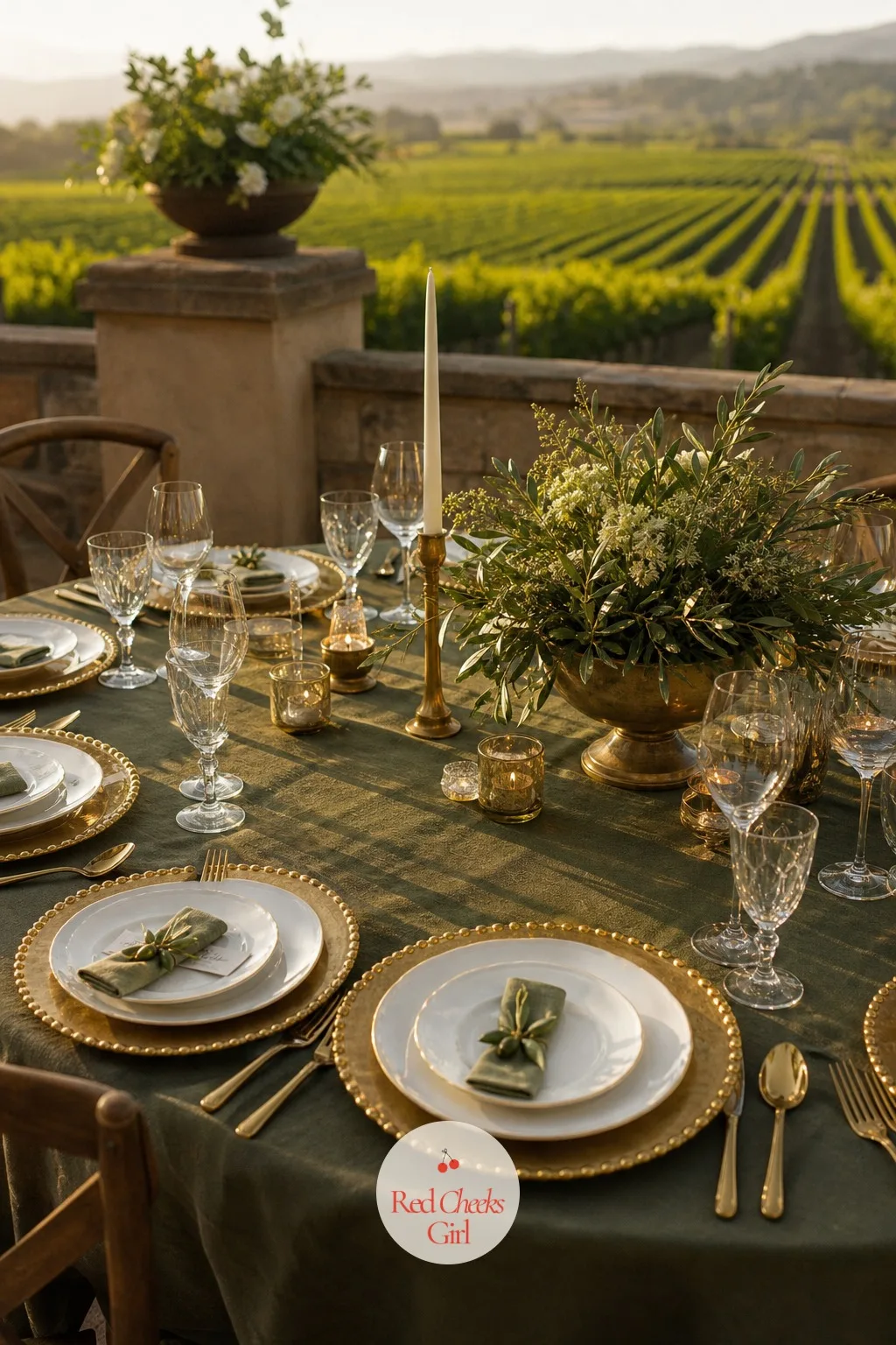 Olive and Brass Table Setting — Olive reads as more grown up than the usual sage, closer to the colour of the vines outside than anything from a paint swatch