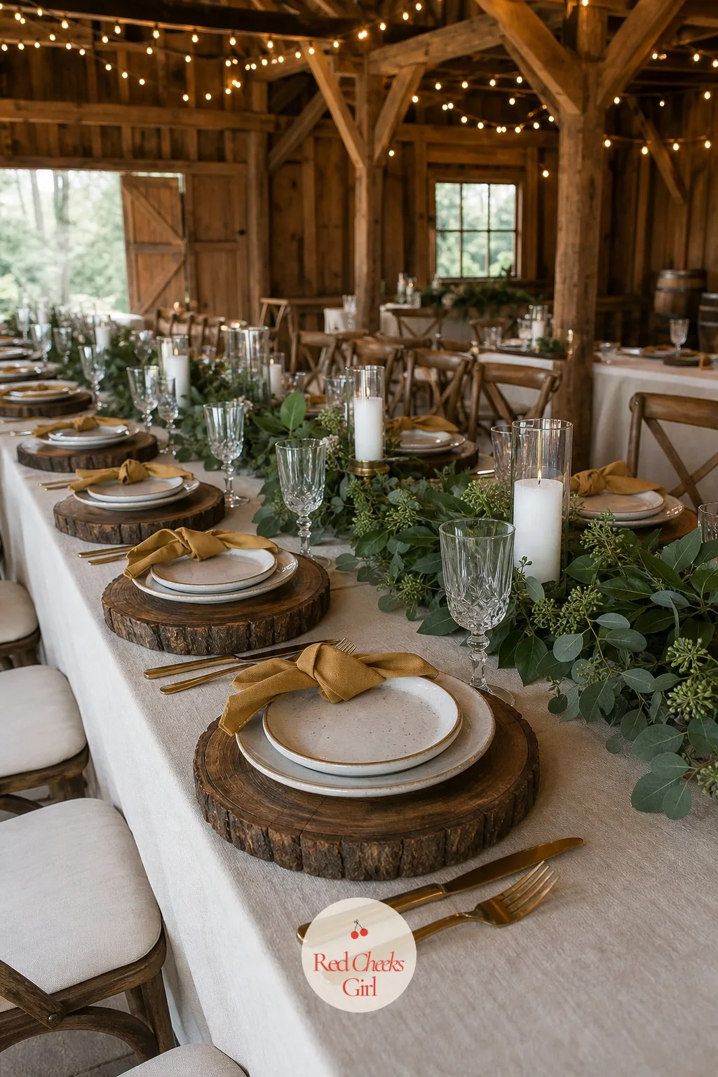 Rustic Wood Chargers — A barn wedding does not need gold or velvet to feel finished. Wedding dinner table setting