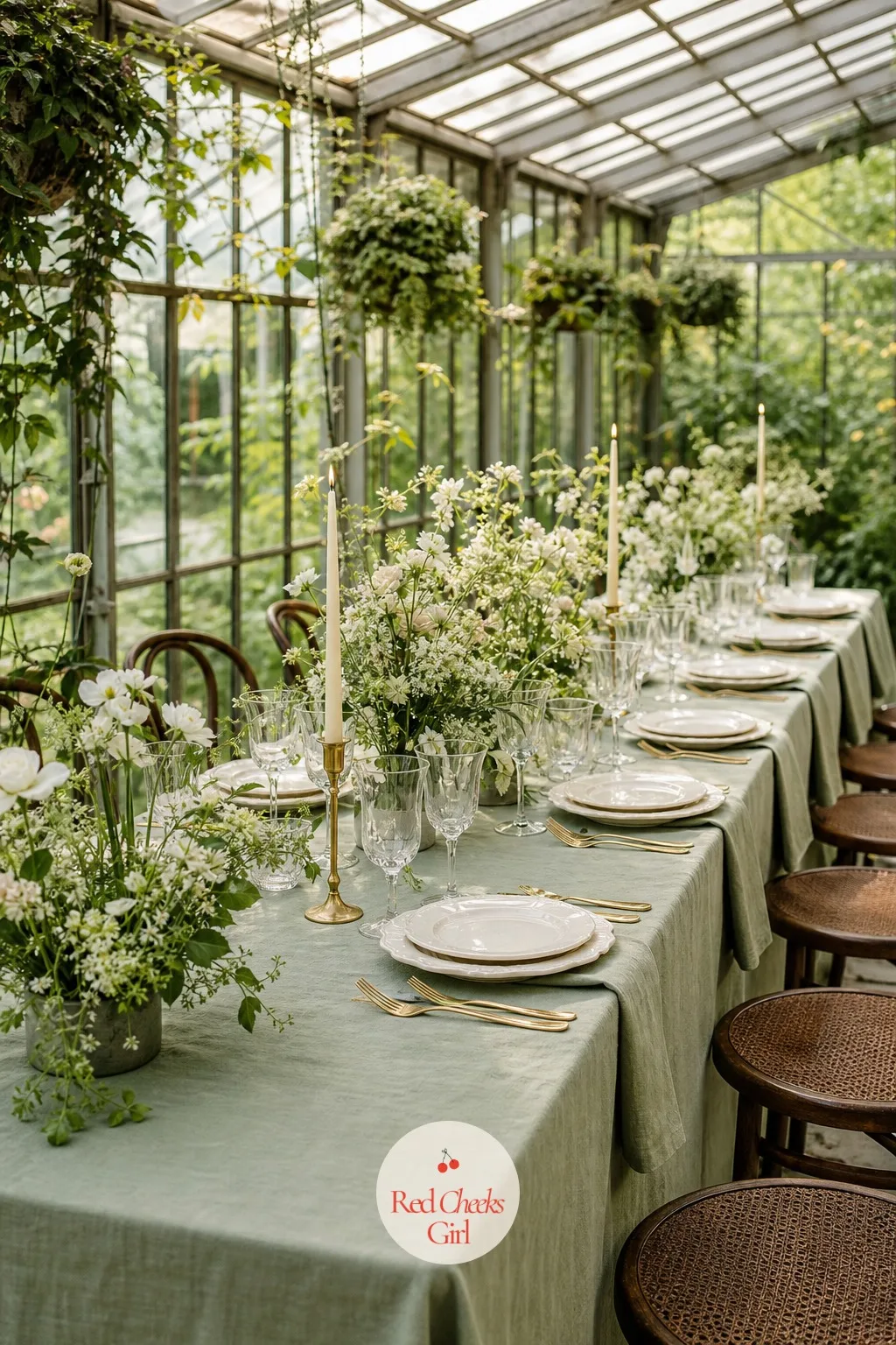 Sage Green Cotton Tablecloth with Cream China — Sage sits between green and grey, which is why it reads as calm rather than seasonal. Wedding dinner table