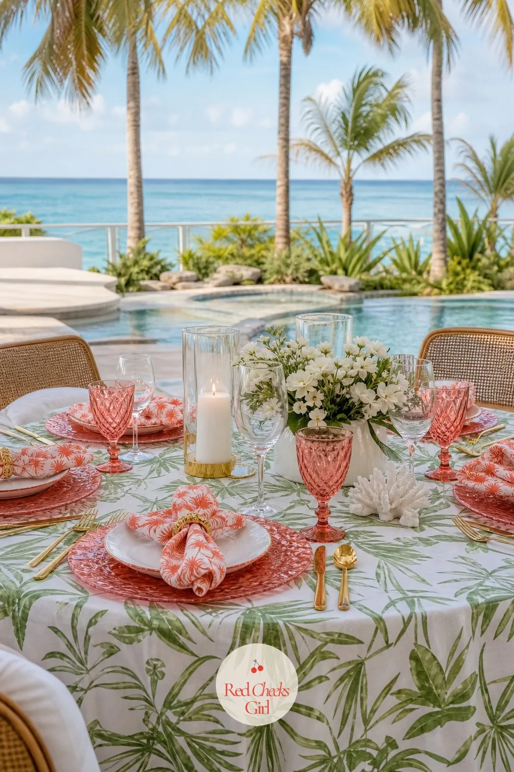 Tropical Palm and Coral Table Setting — For a resort reception, palm green and coral do more to say destination than any amount of white ever could. Wedding