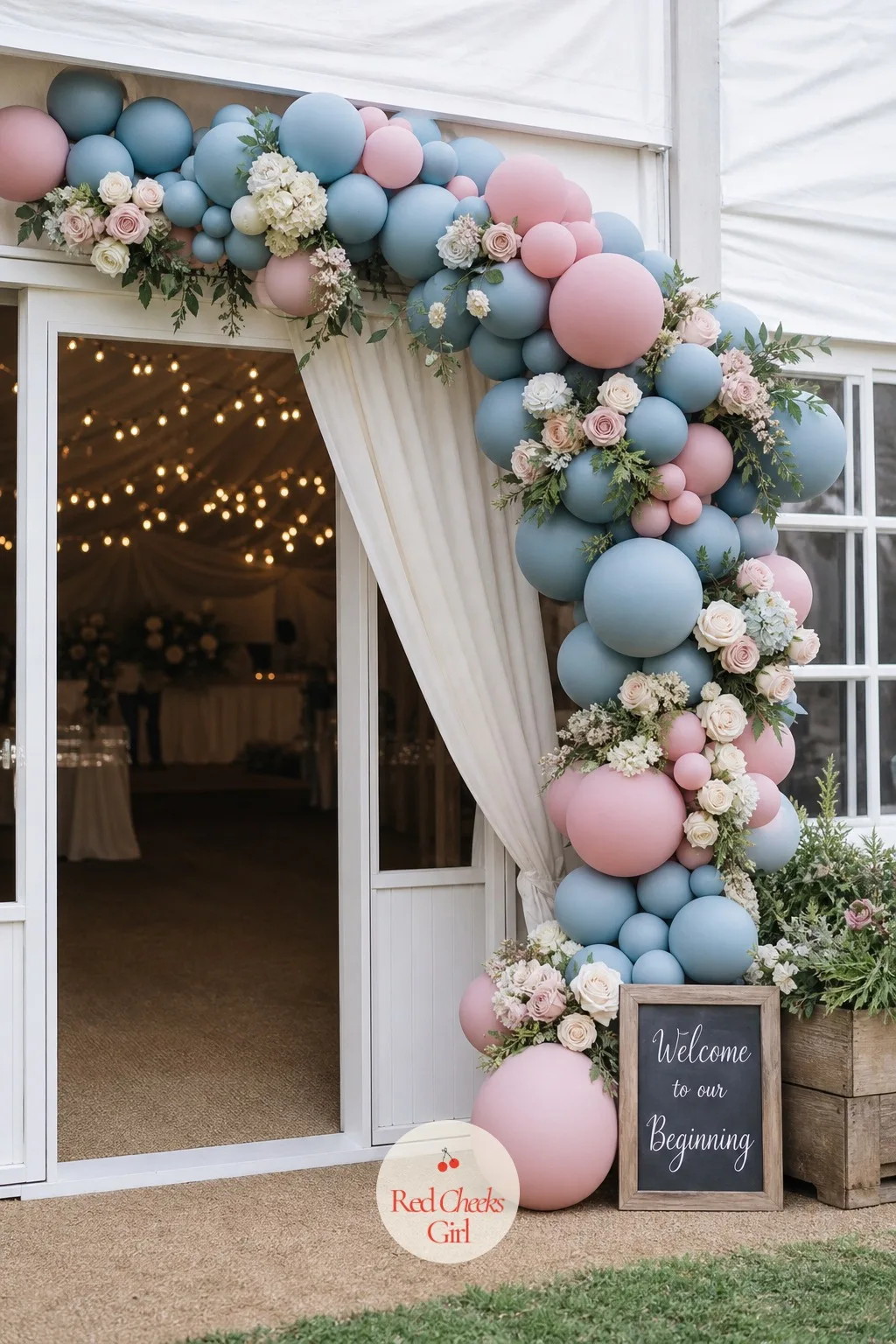 Balloon and Flower Mix at the Entrance — A balloon garland on its own looks like a children's party. Wedding entrance decor