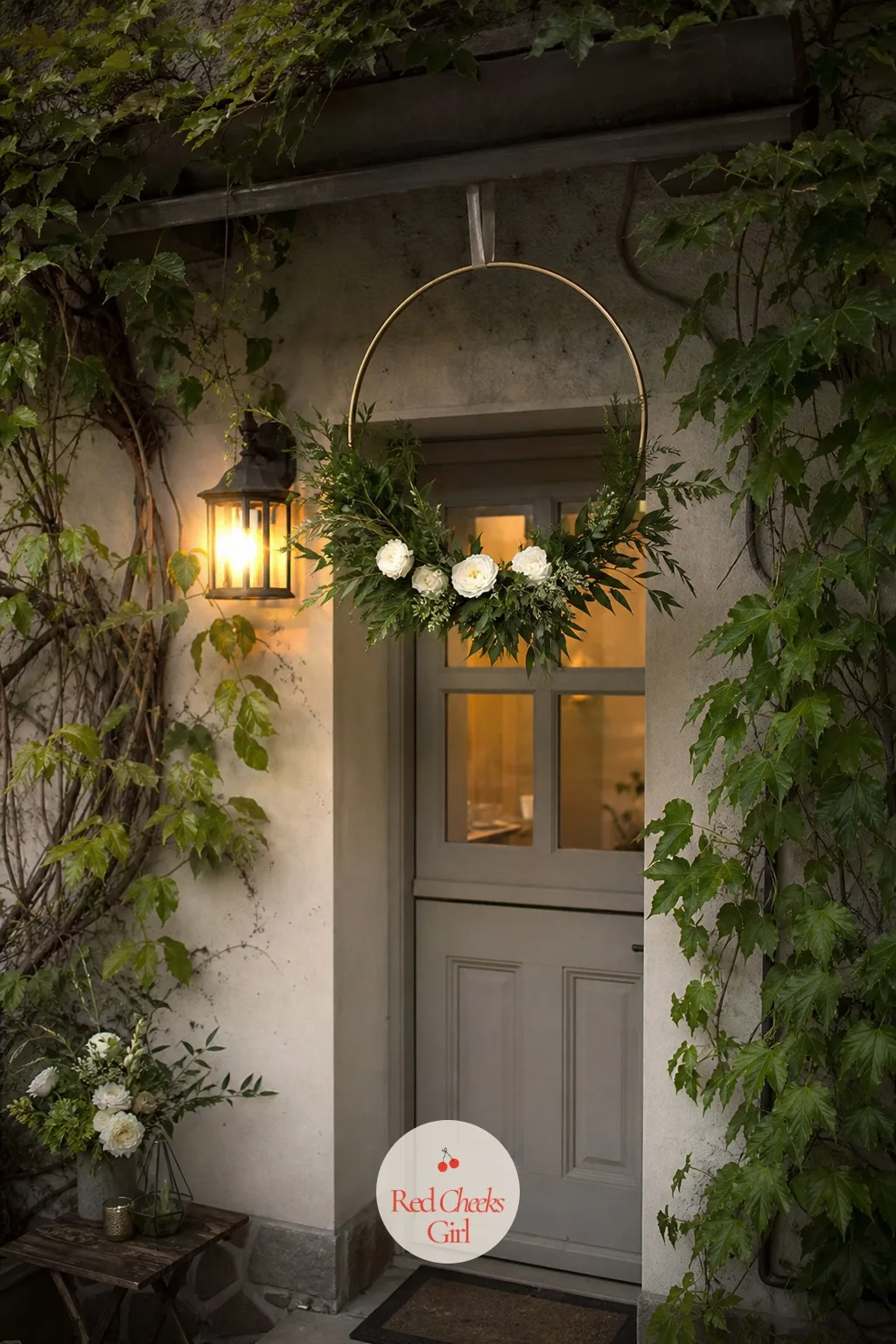Botanical Hoop Wreath Suspended Over the Door — When the doorway is too narrow for a full arch, a single hoop wrapped in greenery does the same job from