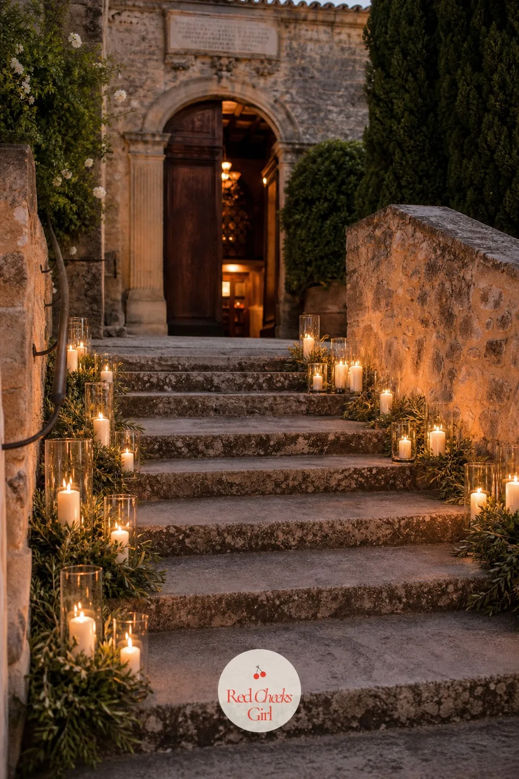 Candle-Lined Steps Up to the Entrance — Stone steps left plain at dusk disappear from photographs entirely. Wedding entrance decor