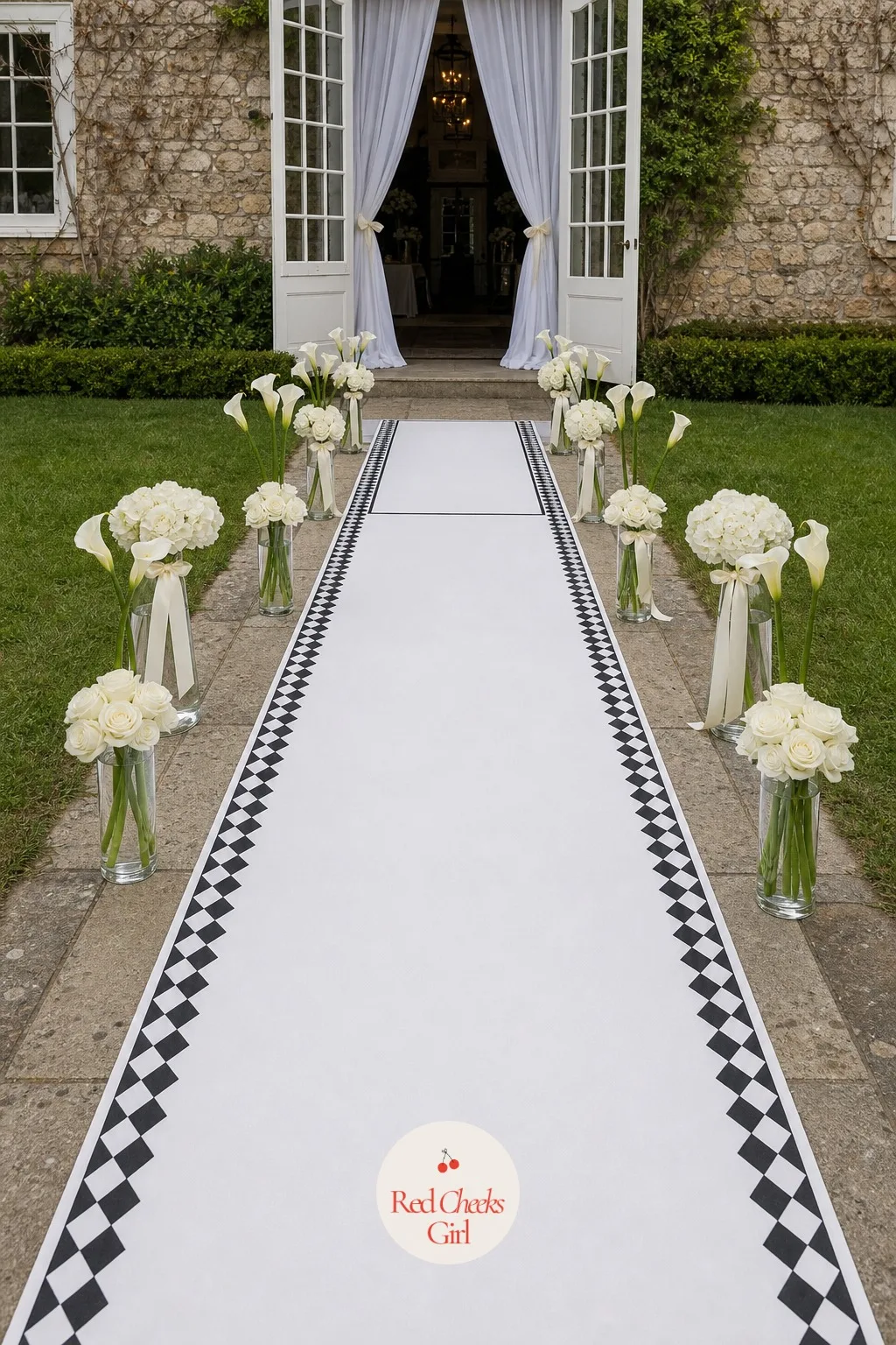 Checkerboard Satin Aisle Runner to the Door — A plain runner disappears into the grass. Wedding entrance decor