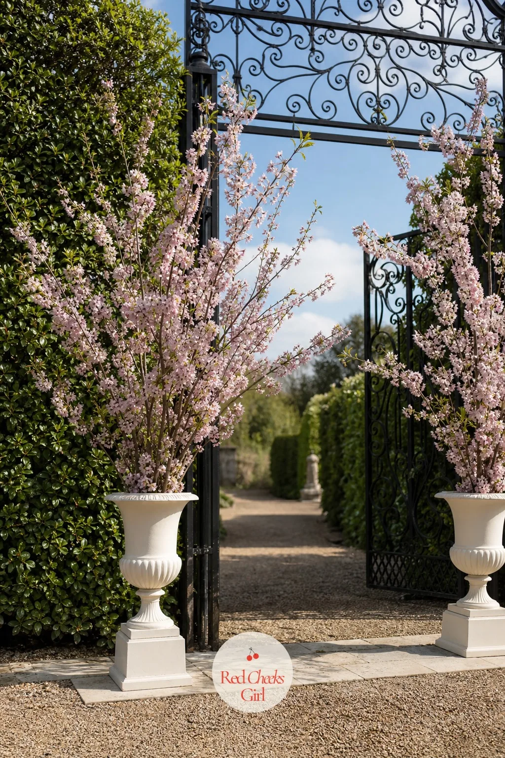 Cherry Blossom Branches in Tall Urns — Tall branches heavy with pale pink blossom standing in urns either side of the door do more for a spring entrance than
