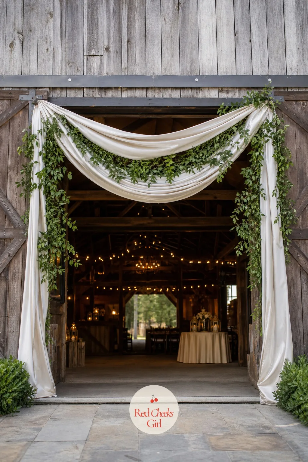 Drapery Swag with Greenery Over the Door — Fabric swagged across the top of a plain doorframe softens it in a way flowers alone cannot, ivory satin pleated and