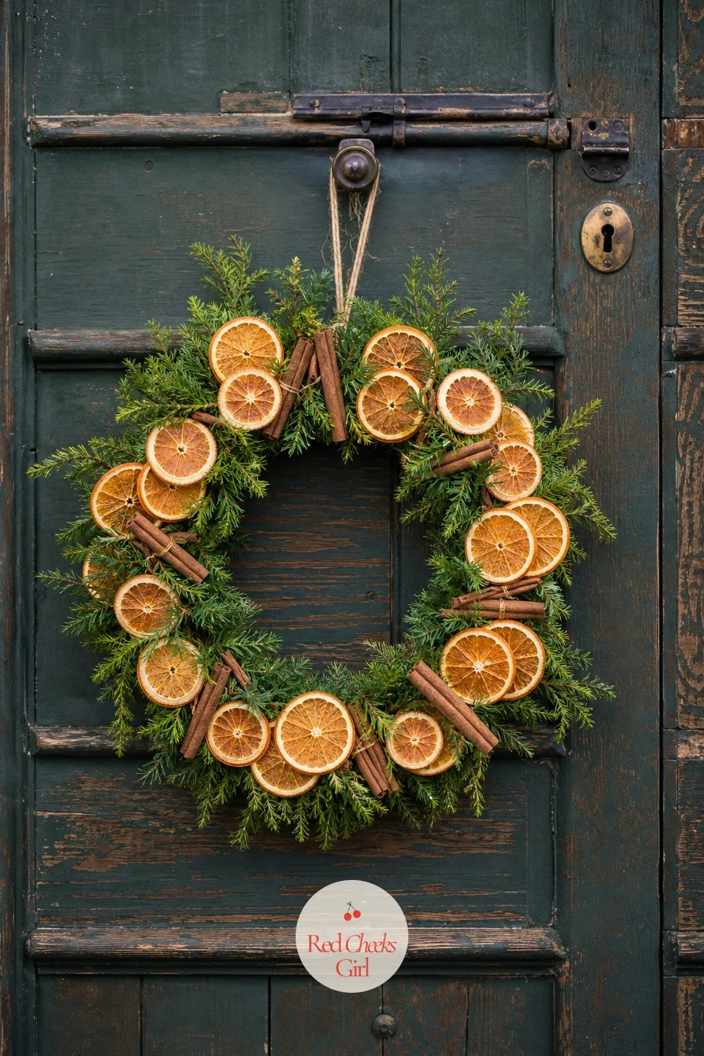 Dried Orange and Cinnamon Wreath on the Door — A wreath of dried orange slices and cinnamon sticks on a weathered wood door smells like the season before