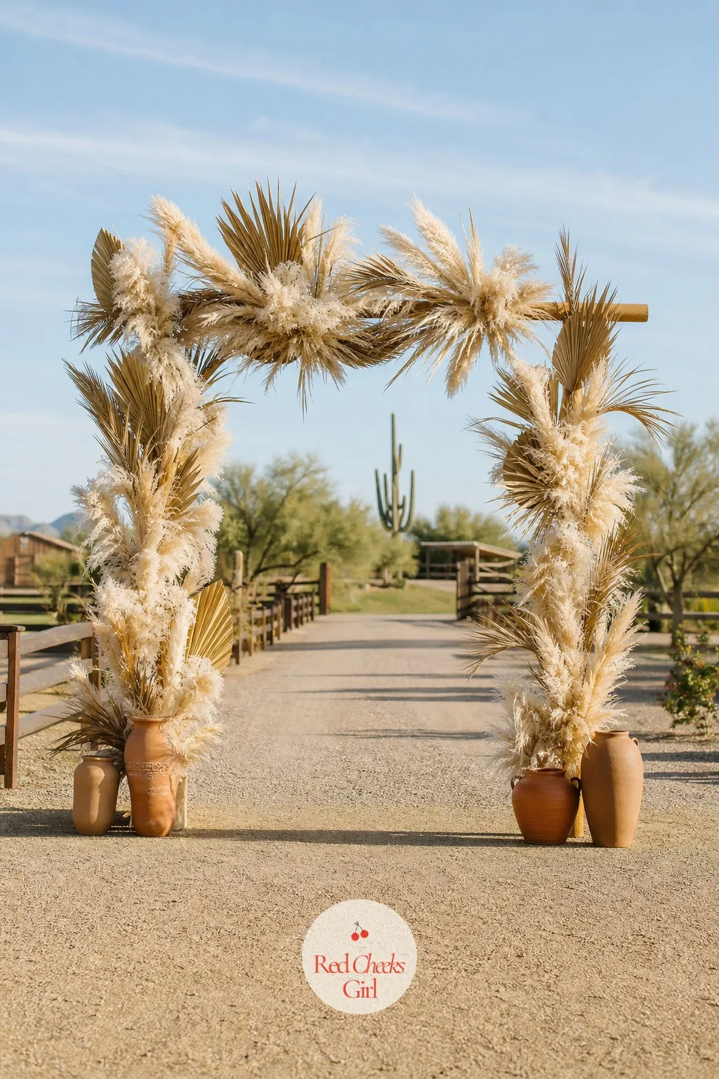 Feather and Pampas Grass Arch for a Boho Entrance — Fresh flowers wilt fast in a hot, dry venue, which is exactly where this arch takes over. Wedding entrance
