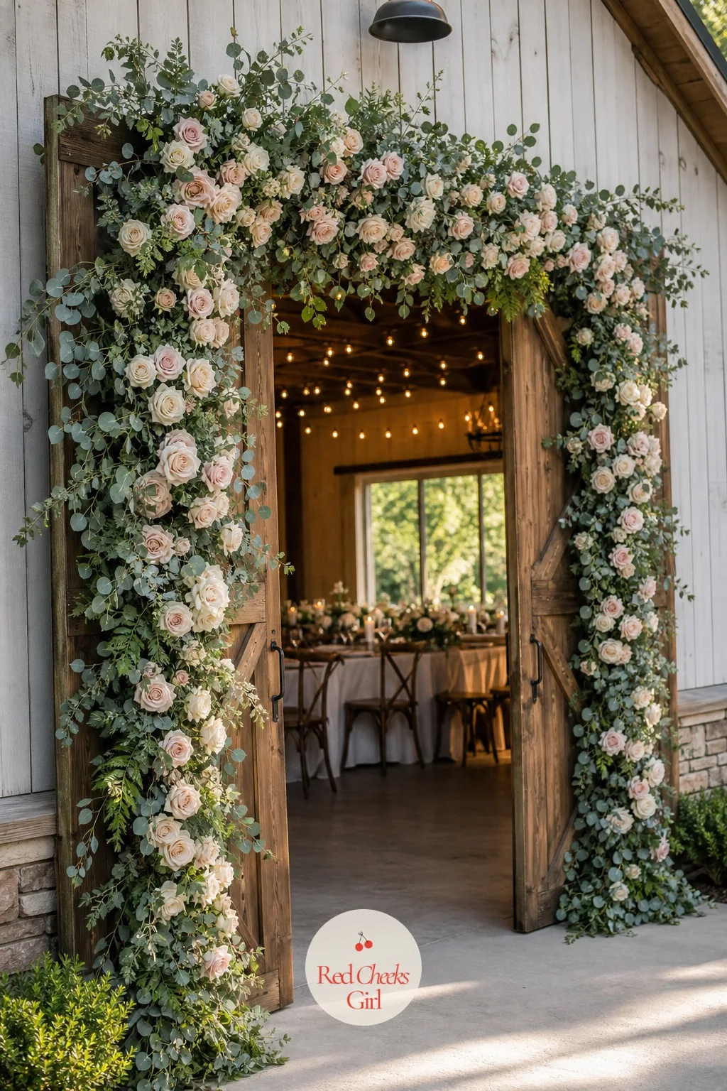 Floral Arch Over the Door — A full arch over double doors reads as the single biggest gesture on this list, and it earns that reputation. Wedding entrance decor