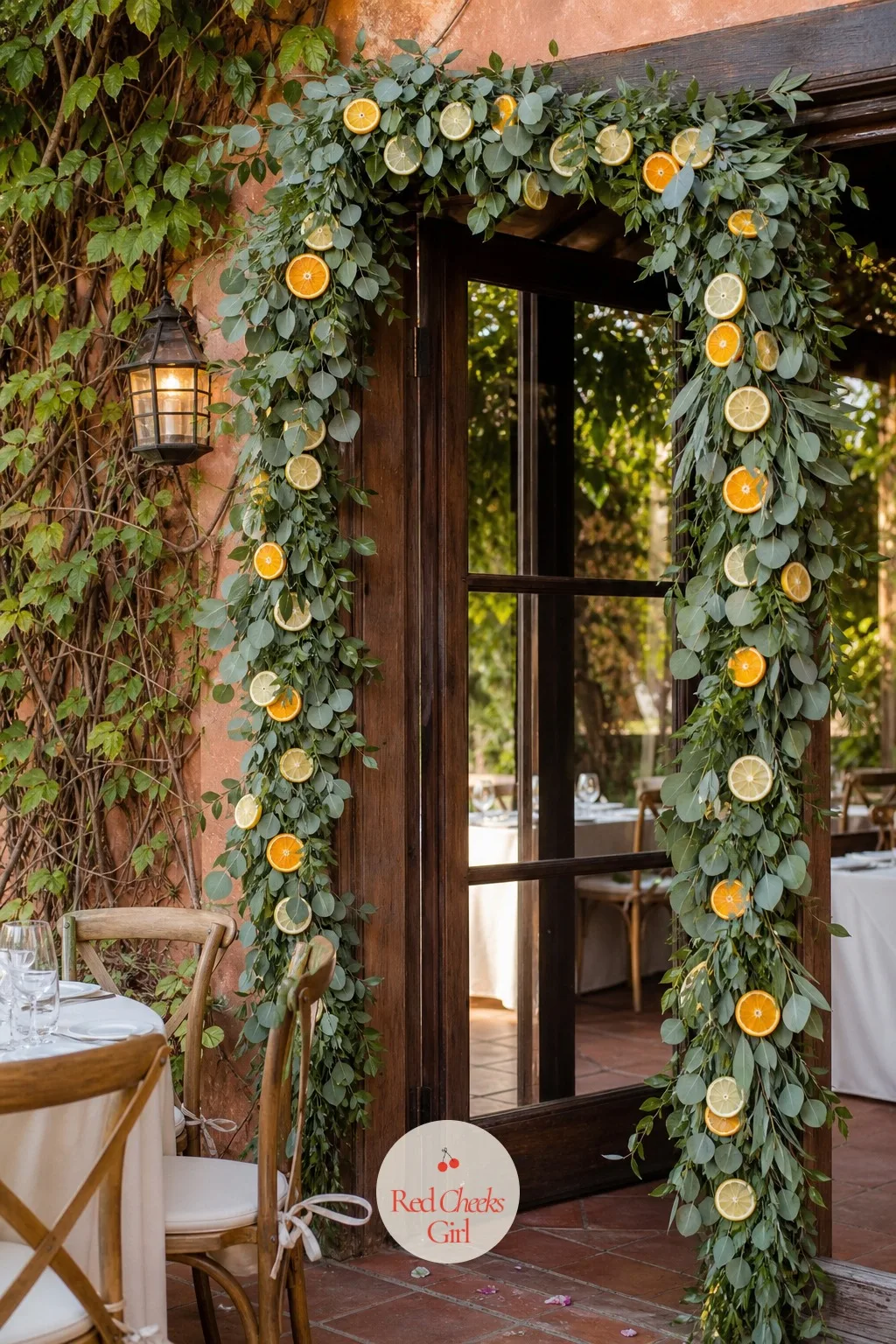 Fresh Citrus and Eucalyptus Garland Along the Doorframe — A garland strung along the top of the frame does the arch's job at a fraction of the size. Wedding