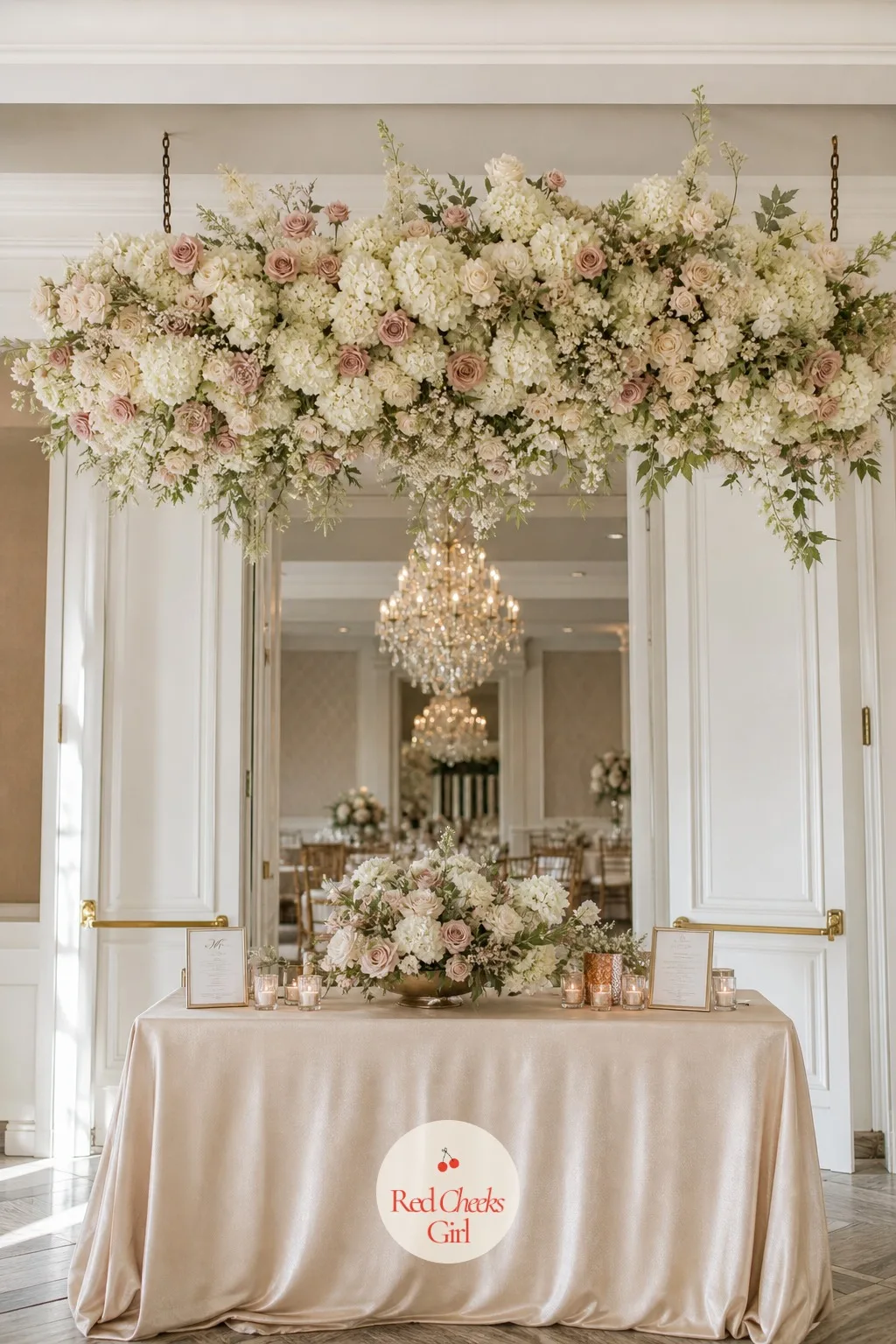 Hanging Floral Cloud Above the Threshold — A ceiling left bare above the entrance table is the thing nobody notices is missing until a cloud of blooms fills