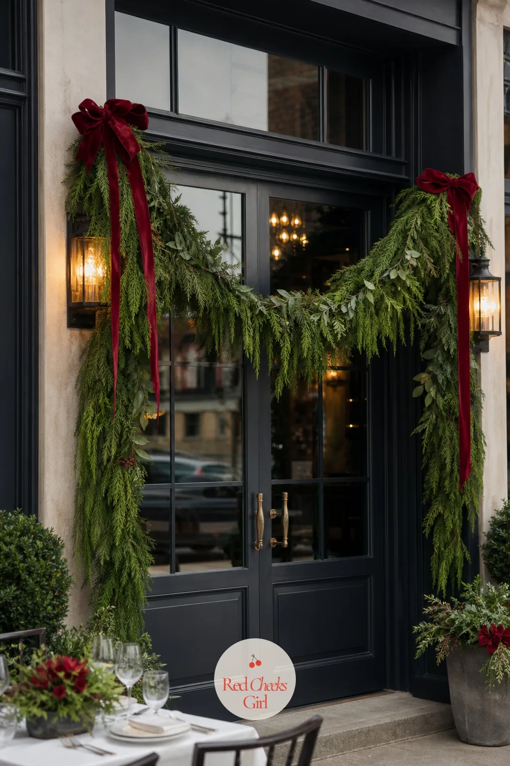Hanging Greenery and Velvet Ribbon Swag Over a Restaurant Entrance — A trail of greenery looped across a restaurant doorway, finished with velvet ribbon bows