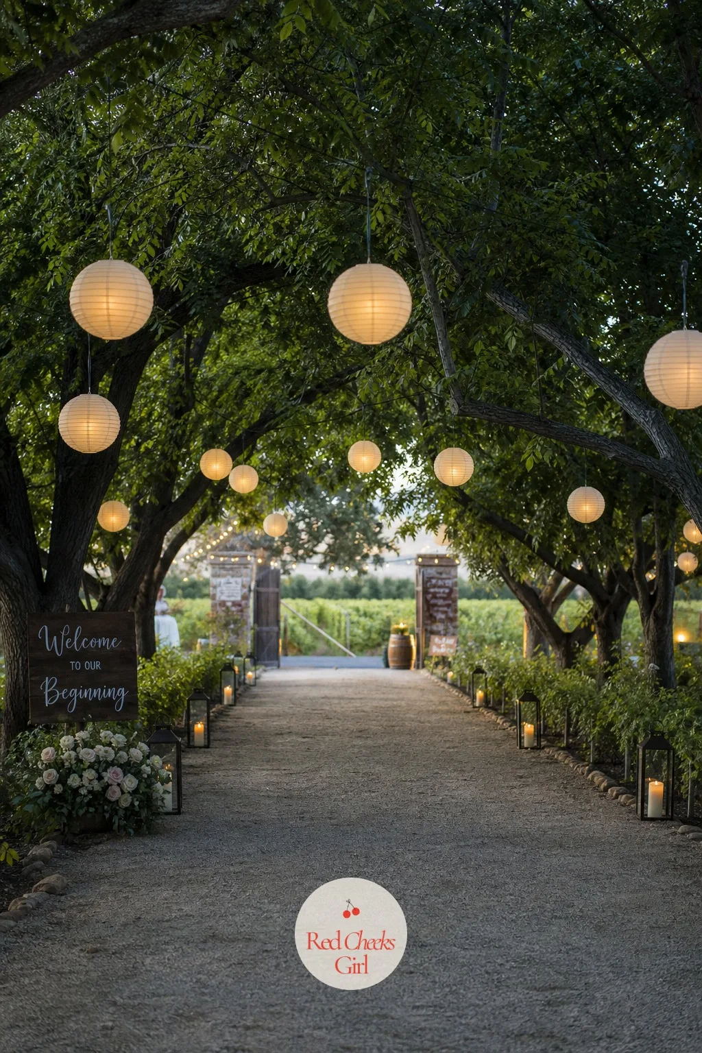 Lantern-Lined Garden Pathway to the Entrance — The walk from the car park to the door matters as much as the door itself, and a line of hanging lanterns