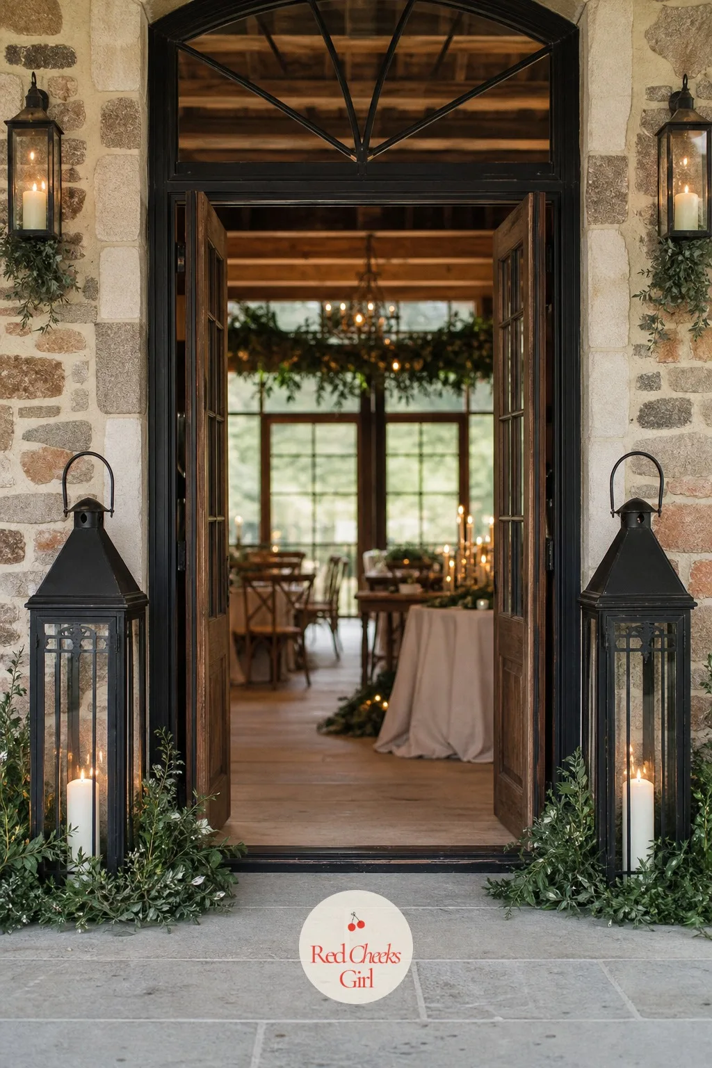 Lanterns on Both Sides of the Door — A single lantern looks like it was left there. Wedding entrance decor