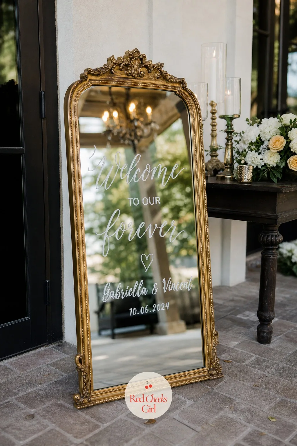 Mirror Welcome Sign Propped at the Entrance — A vintage mirror with the welcome message in white pen catches every bit of light in the room and throws it back